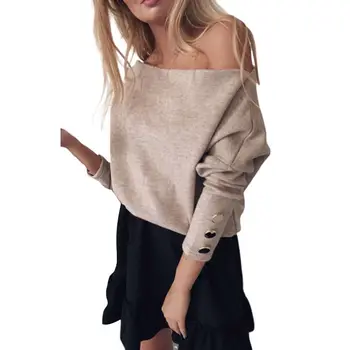 

Lady Button Decor Streetwear Pullovers ne shoulder Women Sweater Long Sleeve Elegant Sexy Slash Neck Solid Knitwear Sweaters new