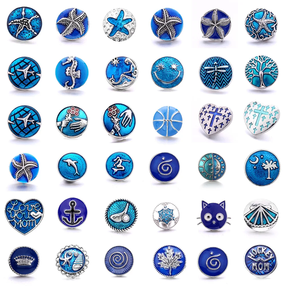 

5pcs/lot Mixed 18mm Snap Button Jewelry blue Color painting Snap Metal Buttons Interchangeable Button for snap bracelet Bangle