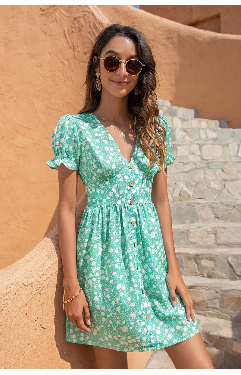 Women Short Sleeve Floral Mini Dress Casual Green Print Puff Sleeve Dresses Summer 2021 Ladies Sexy V Neck Button Beach Dress