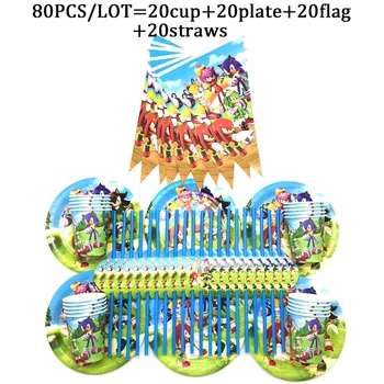 

80 Sonic The Hedgehog Party Tableware Set Plates Cup Straws Children Sonic The Hedgehog Birthday Party Supplies Decoration Flags