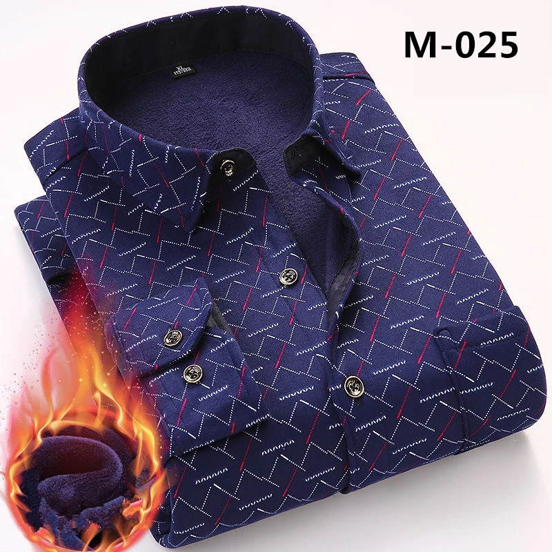 M-025 Fashion Men's Print Plaid Warm Thick Velvet Fleece Shirts Winter Long Sleeve Dress Shirt for Men Soft Flannel Camisa Masculina - Цвет: M-025