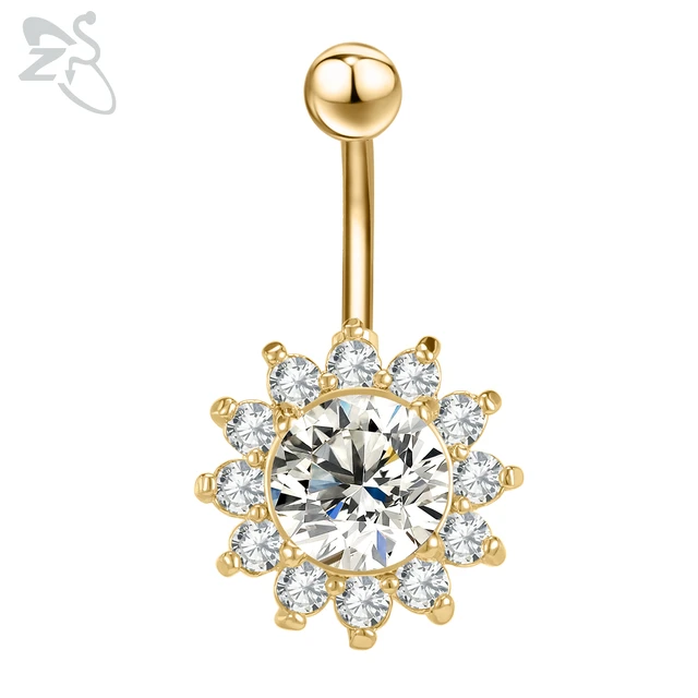 ZS 1 Piece Gold Color Stainless Steel Belly Ring Flower Heart CZ Crystal Navel Belly Button Rings Butterfly Navel Piercings 14G Style 11