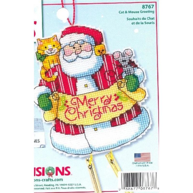 Amishop Collection Counted Cross Stitch Kit Merry Christmas Santa Cat and Mouse Greeting Wind Chimes Windbell Ornament