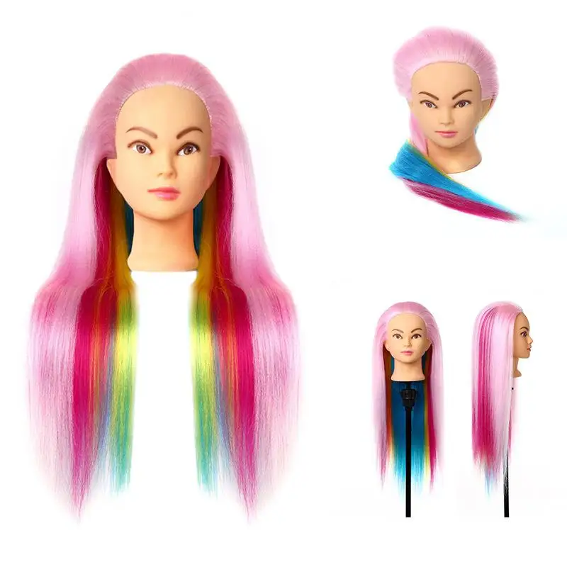 

Practice Salon Head Hairdressing Training High Fiber Long Yfashion Hair Head Model with Rainbow Colour Hairpiece Clamp Stand