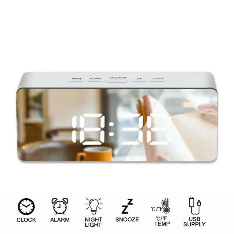 Зеркальный светодиодный белый будильник современные ночные светильники термометр цифровой дисплей с usb зарядкой для спальни офиса автомобиля