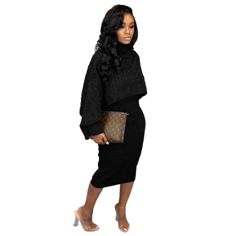 Adogirl Winter Sweater Two Piece Set Dress Turtleneck Long Sleeve Loose Crop Top Spaghetti Straps Bodycon Midi Skirt Suits