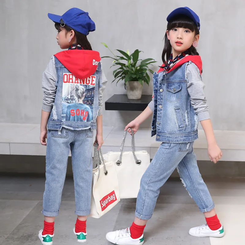 Fashion Design Girls Set Blue Patchwork Hooded Denim Jacket + Denim Jeans Spring Clothes Clothing Set