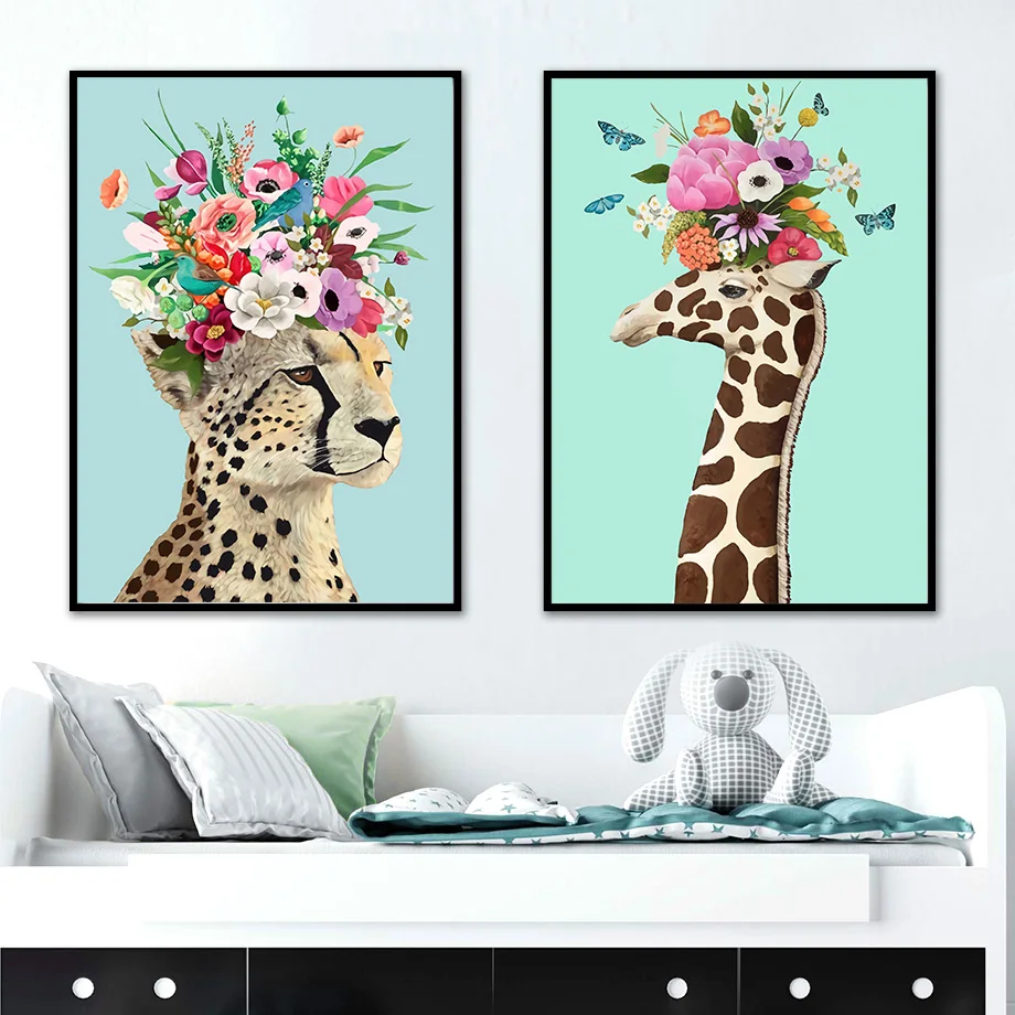 Colorful-Leopard-Giraffe-Lion-Fox-Flower-Crown-Wall-Art-Canvas-Painting-Nordic-Posters-And-Prints-Wall (1)