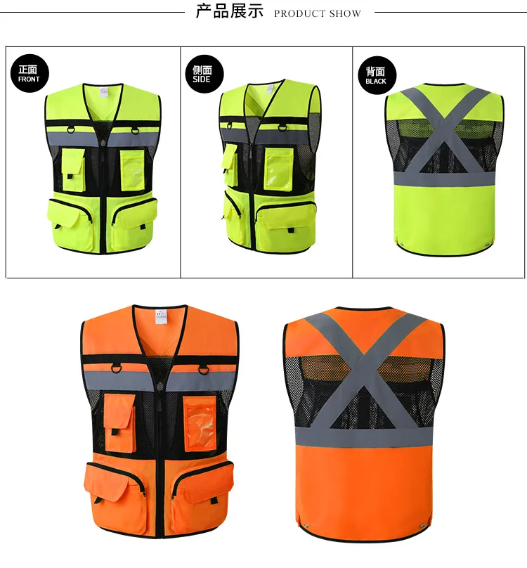 Outdoor Multi pockets Security Traffic Work Clothes Reflective Vest High Visibility Warning Safety Vest Fluorescent Clothing