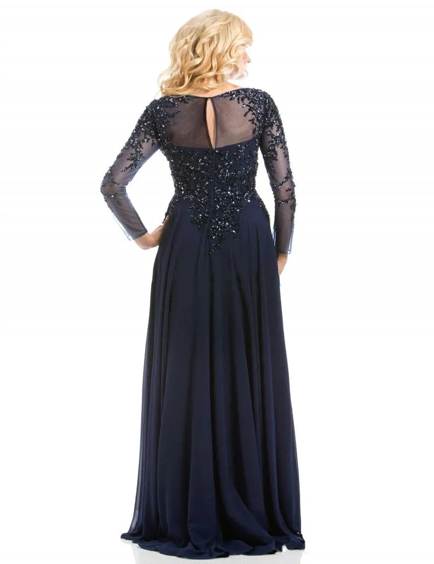 Vintage O Neck Long Sleeve Chiffon Evening gown Appliques Beaded Lace Women prom Gowns mother of the bride dresses