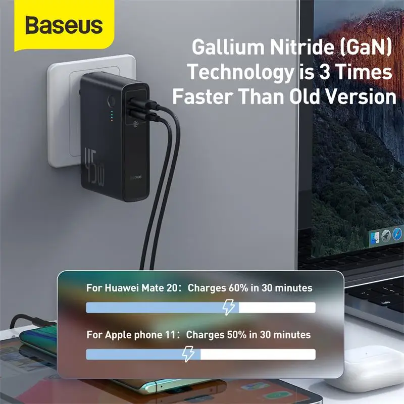 Baseus GaN 45 Вт Зарядное устройство US Plug 10000 мАч для Xiaomi PD Быстрая зарядка зарядное iPhone