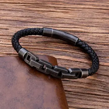 

TANGYIN Retro Punk Style Men's Bracelet Bicycle Motorcycle Stainless Steel Chain Bracelet Black Quality Leather Bracelet for Men