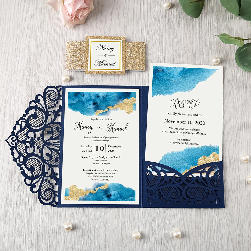 50 Sets Square Navy Blue Laser Cut Vintage Wedding Invitations Cards Hollow Floral Exquisite Carving Greeting invites Cards 4 Engagement Birthday Bridal Show 