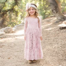 Pink Flower Girl Dresses For Weddings A-line Scoop Long Sleeves Lace Long First Communion Dresses Little Girl