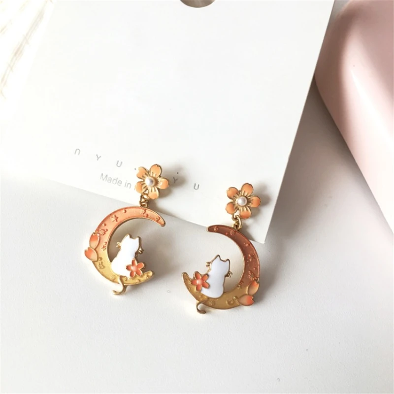 Kawaii Cat Moon Sakura Earrings - Limited Edition