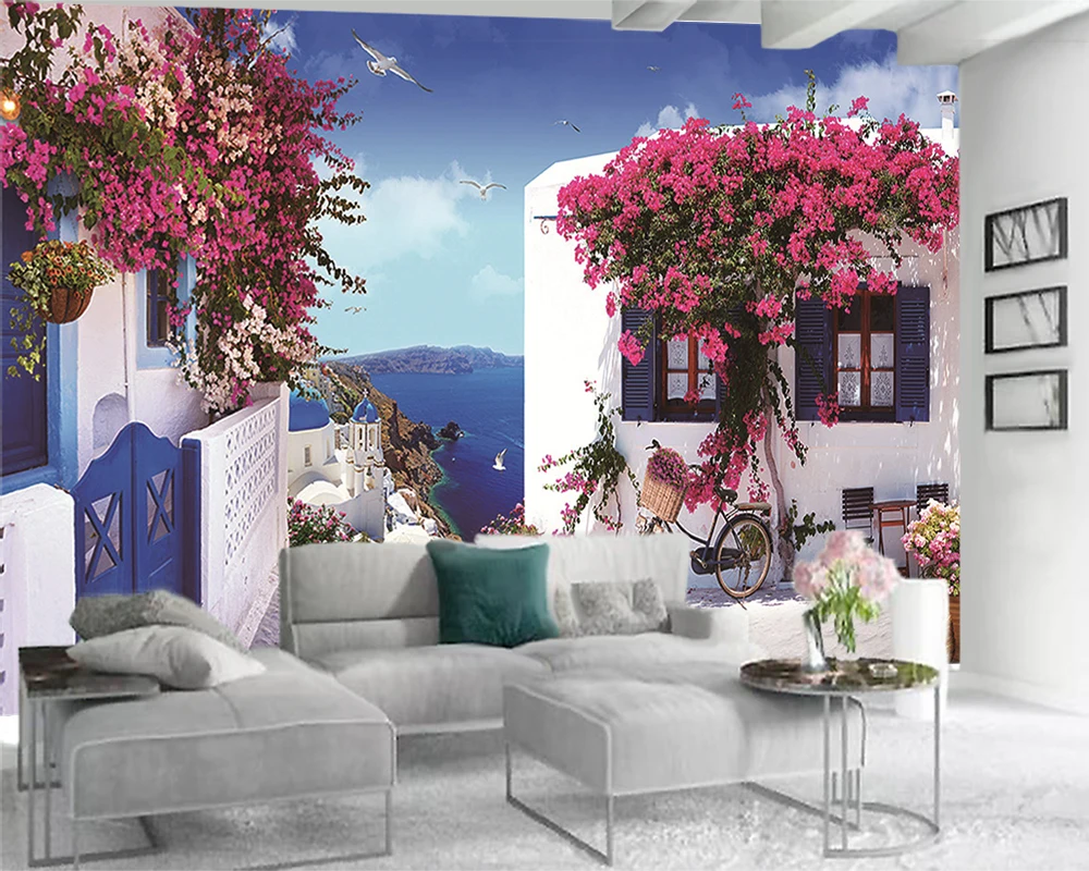 Modern Home Decoration 3d Wallpaper Romantic Seaside Flowers White House Flora Decorative Silk Mural | Обустройство дома