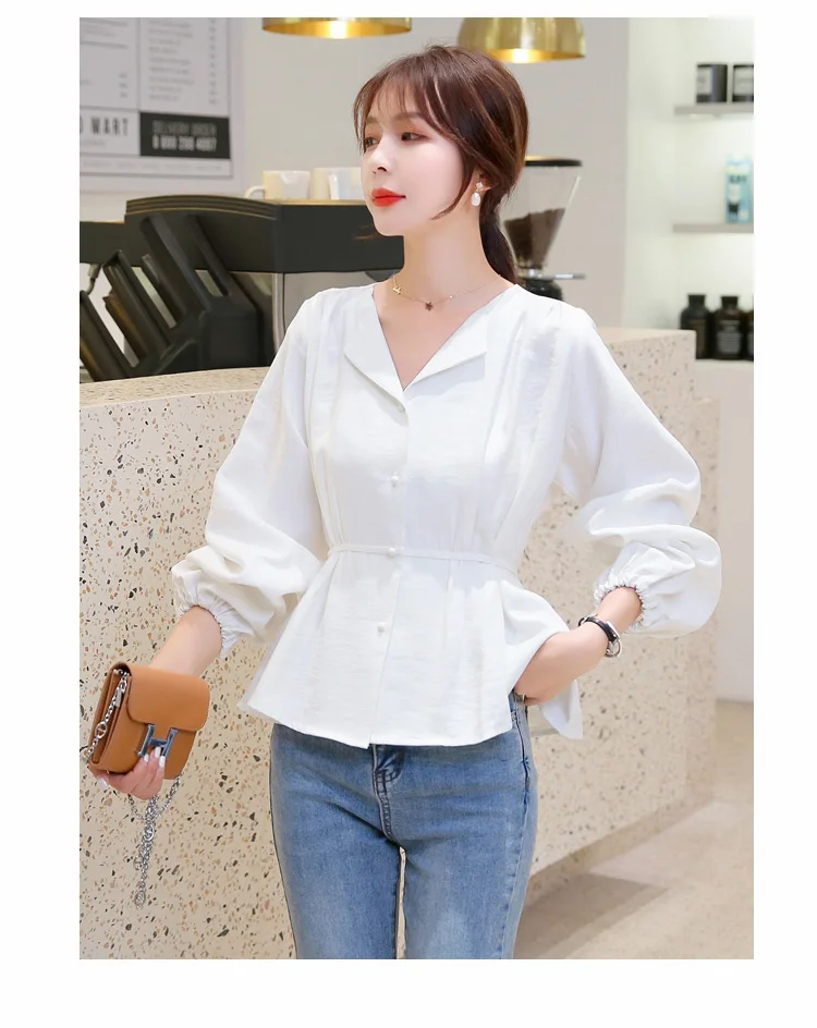 Новая мода blusas mujer de moda осенние дизайнерские женские рубашки однотонные повседневные женские блузки женские топы с v-образным вырезом размера плюс 6431 50