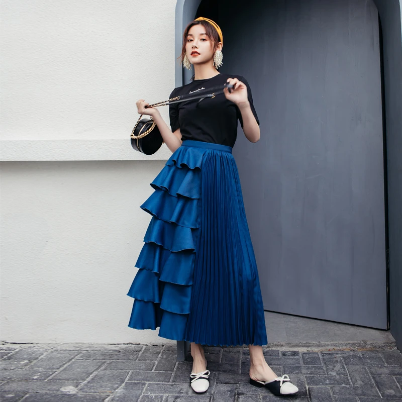 

Women Skirt Spring Style 2019 New Ankle-Length Empire Wiast A-pleated Skirt With Lotus Leaf Edge