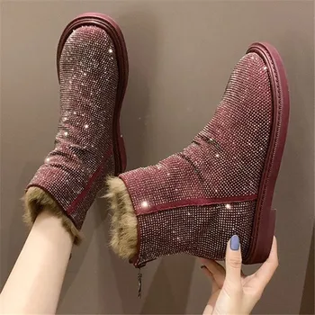 

Designers Glitter Crystal Platform Boots Women Shoes Autumn Winter Fashion Round Toe zipper Leather Boots Ladies Shoes mujer