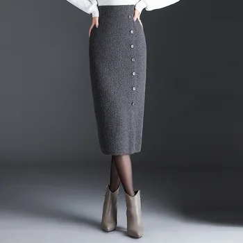 

Knitting Package Hip Skirt Woman Temperament High Waist Thickening Wool Half-body Skirt Grace A Step Skirt spring