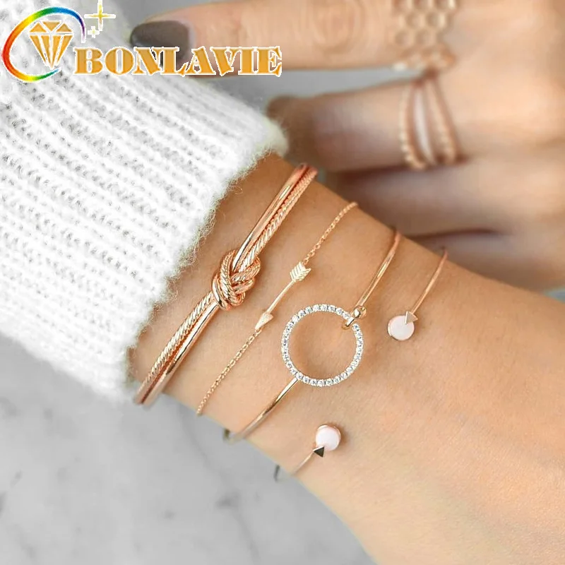 4pcs Trendy Bracelet Set Simple Female Jewelry Knot Circle Crystal Arrow Charm Bracelets For Women Bangle | Украшения и