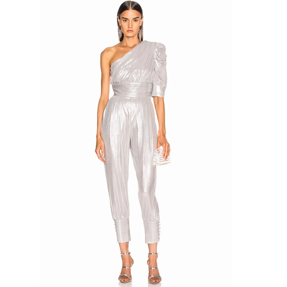 2019 Новое поступление Серебряный одно плечо короткий рукав Модное сексуальное