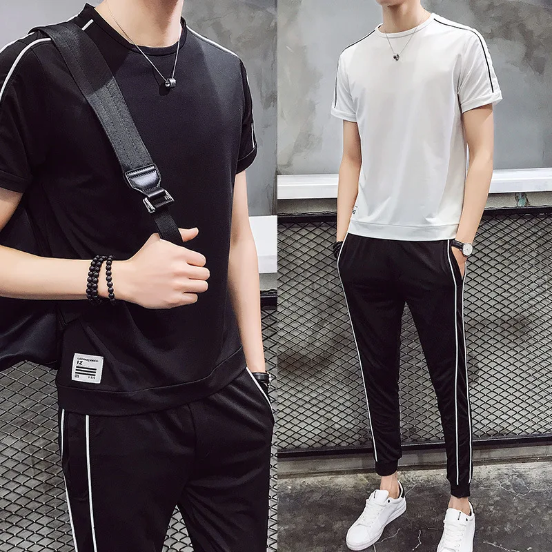 

Men And Women Couples Korean-style Trend Versatile Beam Leg Sports Students Summer Set Short Sleeve T-shirt + Capri Pants Two-Pi