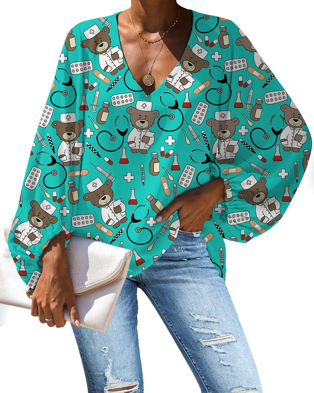 

MOZOEYU Harajuku Shirt Women Cartoon Nurse Bear Printing Blouse 2020 Casual Loose Long Sleeve Shirt Tops Plus Size V-neck
