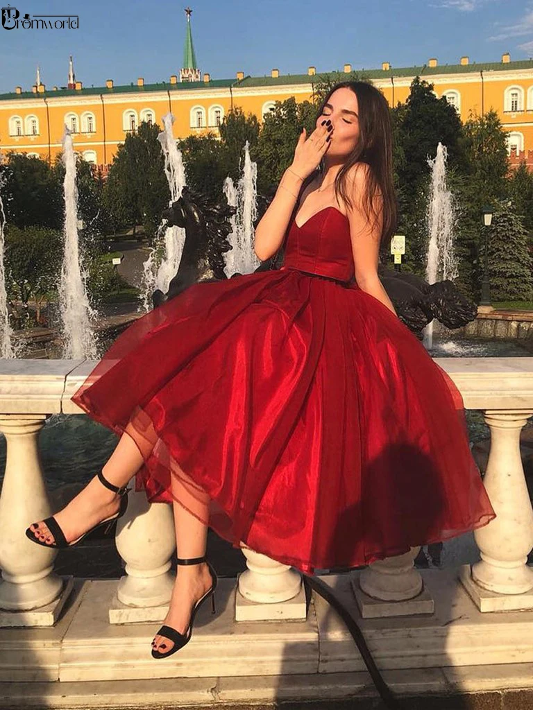 

New Design Sweetheart Organza Burgundy Prom Dress 2019 Tea Length Ball Gown Graduation Homecoming Dresses