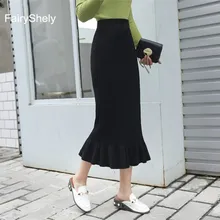 Осень-зима, черные вязаные длинные юбки для женщин, бархатная Теплая юбка с высокой талией, облегающая юбка макси с разрезом и рыбий хвост для женщин