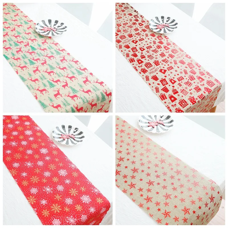

Christmas Table Runner Elk Floral Printed Tablecloth Red Linen Table Runner Festive Holiday Dinning Table Dcorations