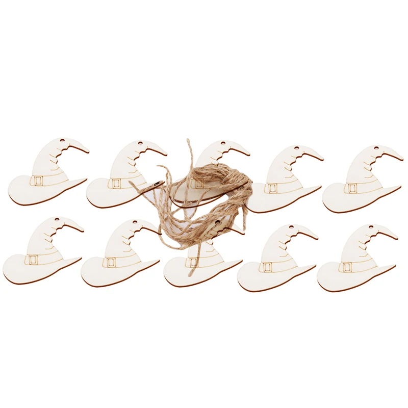 10 Pcs Halloween Ghost Festival Party With Hole Wood Witch Hat Decoration Ornaments DIY Crafts Halloween Scrapbooking