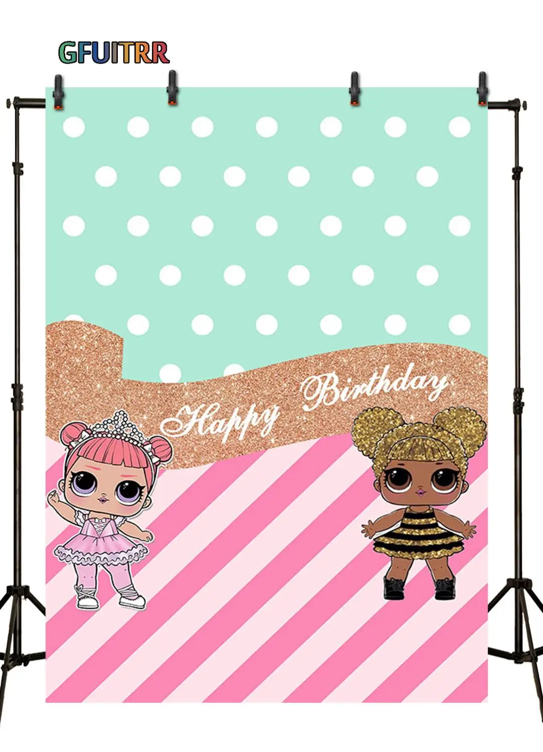

Custom Lol Doll Girl Photography Backdrops Kids Birthday Party Background White Dots Banner Pink Stripes Vinyl Photo Booth Props