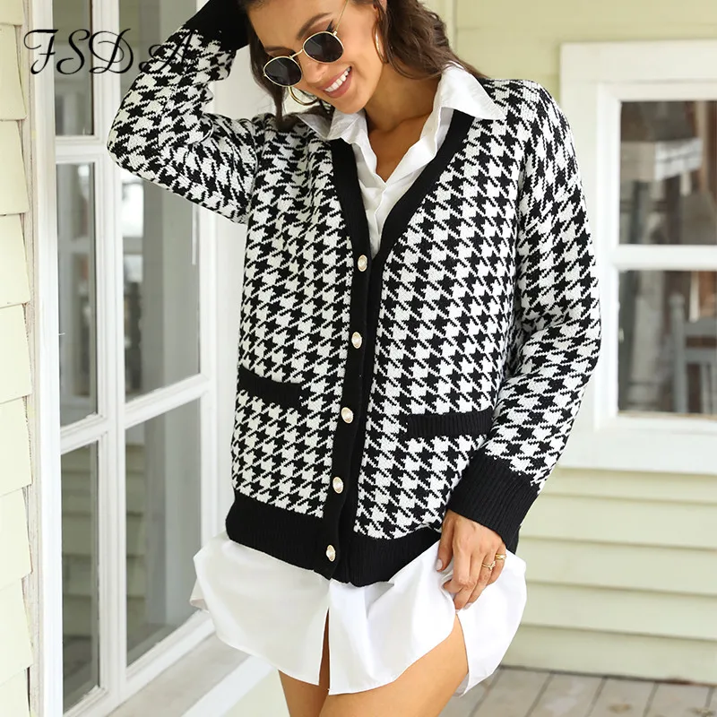 FSDA V Neck Women Button Black Houndstooth Cardigan 2020 Long Sleeve Sweater Autumn Winter Knitted Loose Oversized Jumper Casual