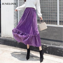 JuneLove женские осенние зимние длинные юбки в Корейском стиле винтажные бархатные женские плиссированные юбки Повседневные уличные женские макси юбки