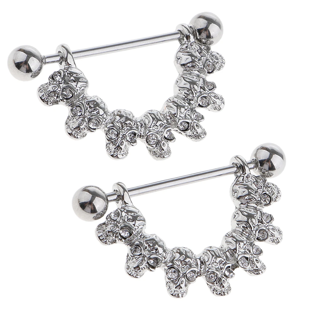 1 Pair Dangle Skull Charm Nipple Ring Rhinestone Eyes Circle Shield Body Jewelry 16 Gauge Sexy Lady