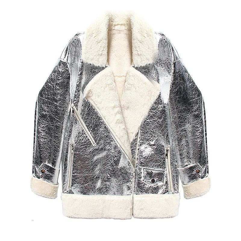 

XUXI 2019 Popular in Europe America Autumn and Winter New Pattern Classic Lapel Loose Short Locomotive Silver Jacket FZ0072