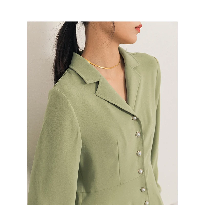 Kaufen INMAN 2020 Frühling Literarischen Retro Büro Minimalistischen EINE Linie Perlen Tasten Design Mid Taille Frauen Knie Länge Kleid