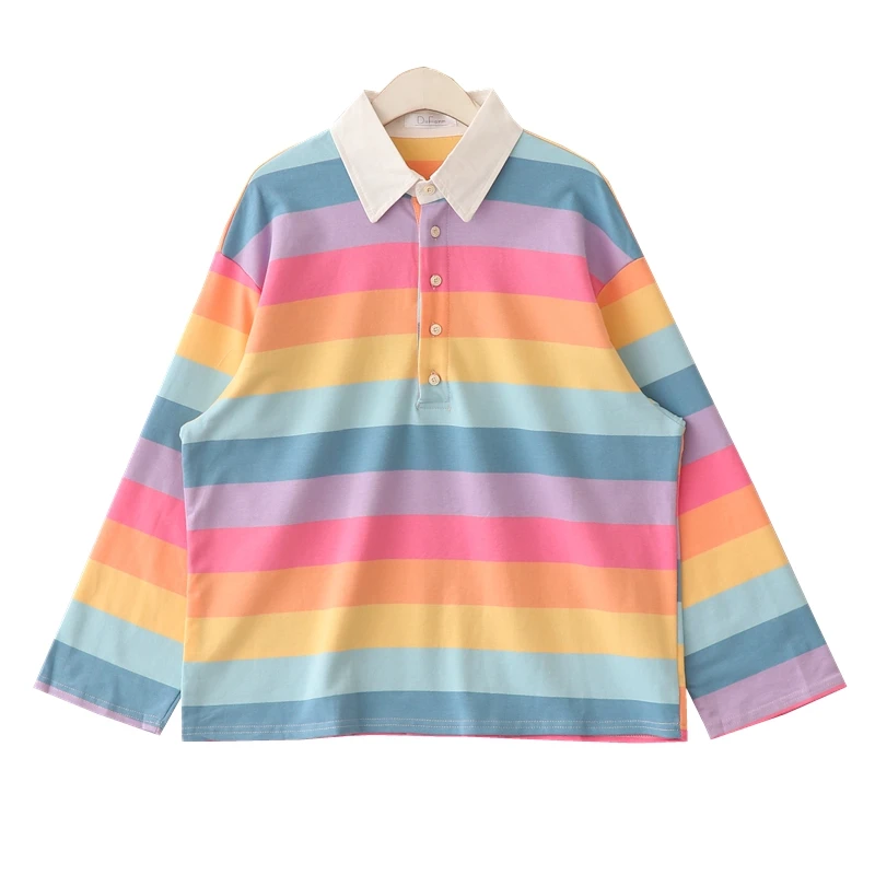 Rainbow t shirt Японские Сладости Радуга Женская Футболка Harajuku Kawaii Винтажная футболка с воротником Femme топы корейский Tumblr Kawaii полосатая футболка - Цвет: Rainbow t shirt