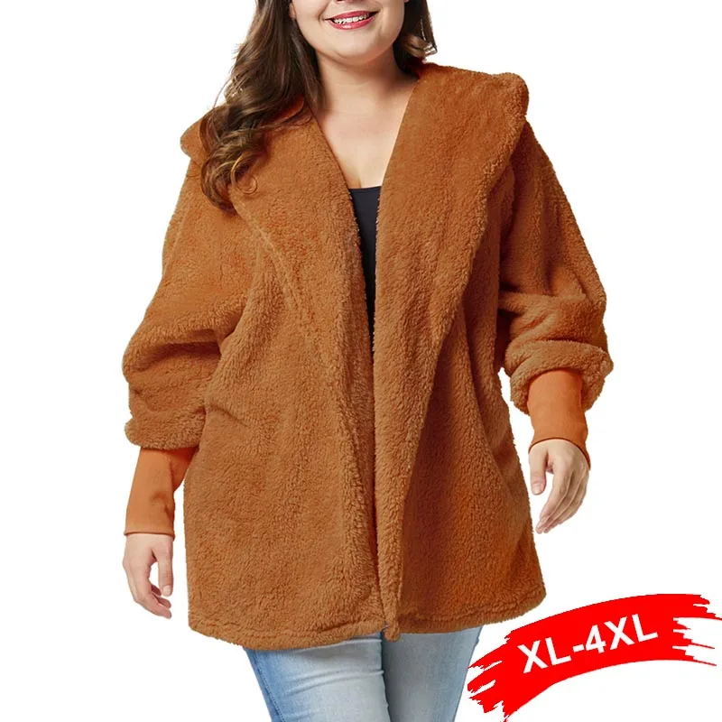 

Plus Size Hooded Puff Sleeve Coffee Shaggy Women Faux Fur Coat 4Xl Streetwear Winter Warm Plush Teddy Female Overcoat Party