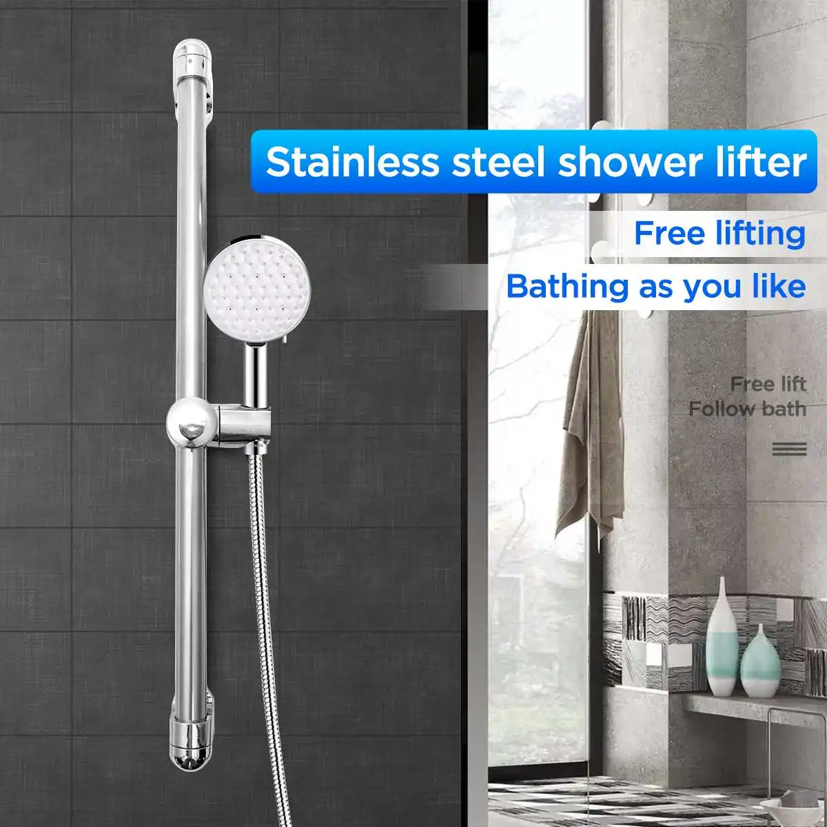 61cm Bathroom Shower Head Holder Riser Bracket Stainless Steel Chrome Adjustable Shower Riser