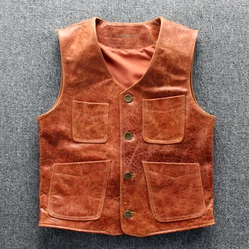 

Vest Genuine Mens Vintage Brown Slim Waistcoat/Vest Cowhide Real Leather Motorcycle Biker Short Style Sleeveless jacket