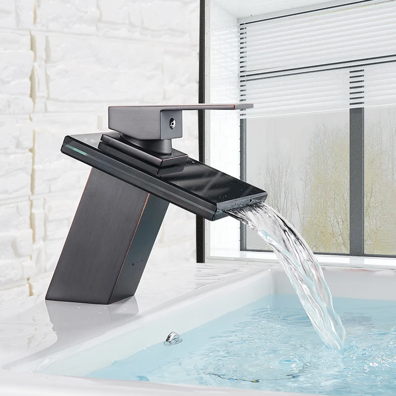 LED Light Basin Faucet Waterfall Deck Mounted Single Handle Mixer Tap