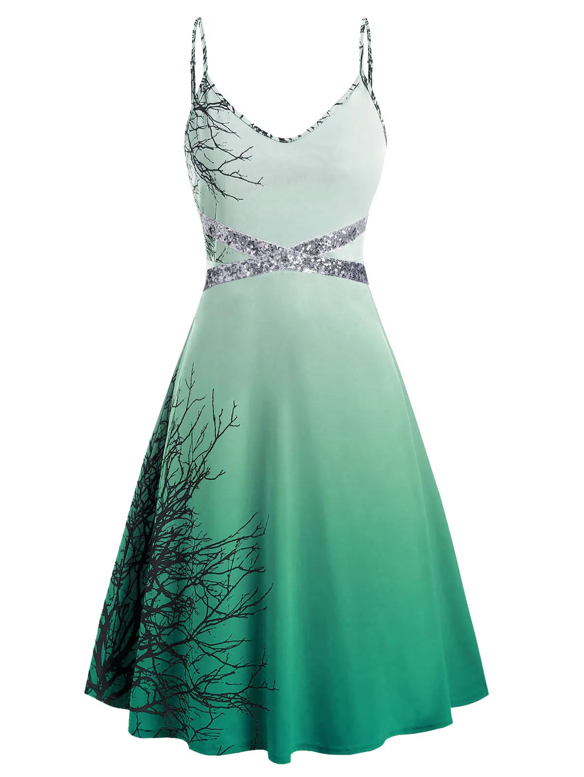 ROSEGAL Plus Size Tree Print Sequin Halloween Cami Dress Spaghetti Strap Tree Cami Dress Mid-Calf Sleeveless A-Line Casual Dress