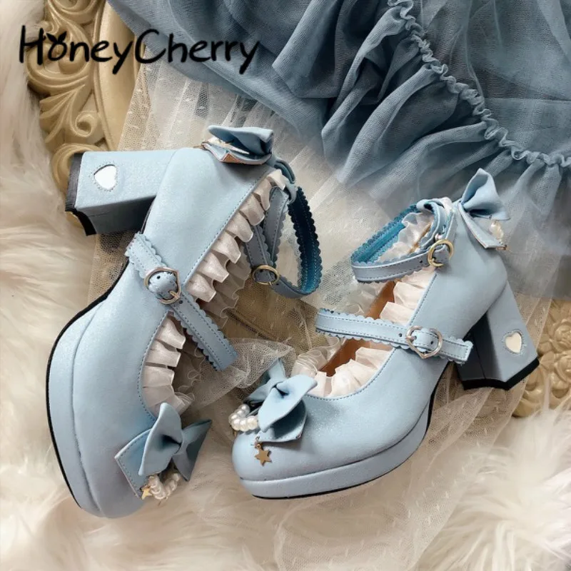 Lolita-Shoes High-Heels Girls Princess Women Cute Lace Edge-Straps Pearl Size-35-40 Bow