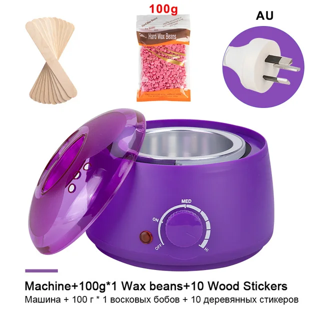 Hair Removal Wax-melt Machine Heater 200ml Wax Beans 10 Wood Stickers Hair Removal Machine Waxing Kit Calentador de cera Set 1 Purple AU plug