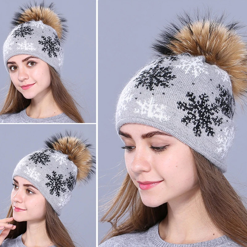 

Модная женская шерстяная вязаная шапка Skullies из кроличьего меха, зимняя шапка для женщин и девушек, шапка Beanies Christmas Snow