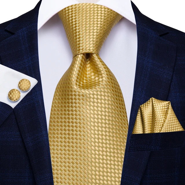 Hi-Tie Solido Oro Giallo Cravatte di Seta Per Gli Uomini Handky Gemelli Set Regalo di Modo Per Gli Uomini del Legame di Nozze cravatta di affari 1