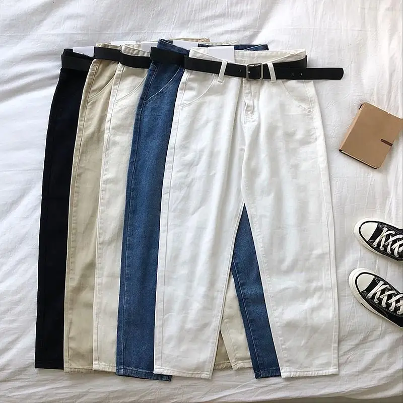 Осенние женские штаны, однотонные, с высокой талией, шаровары, джинсы, студенческие, свободные, по щиколотку, брюки, Корейская уличная одежда, пояс, джинсовые брюки