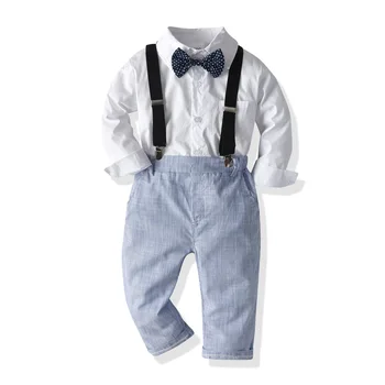 

2020 Boys' Autumn Bow Tie White Shirt Striped Strap Trousers Gentleman Dress Suit baby boy clothes set